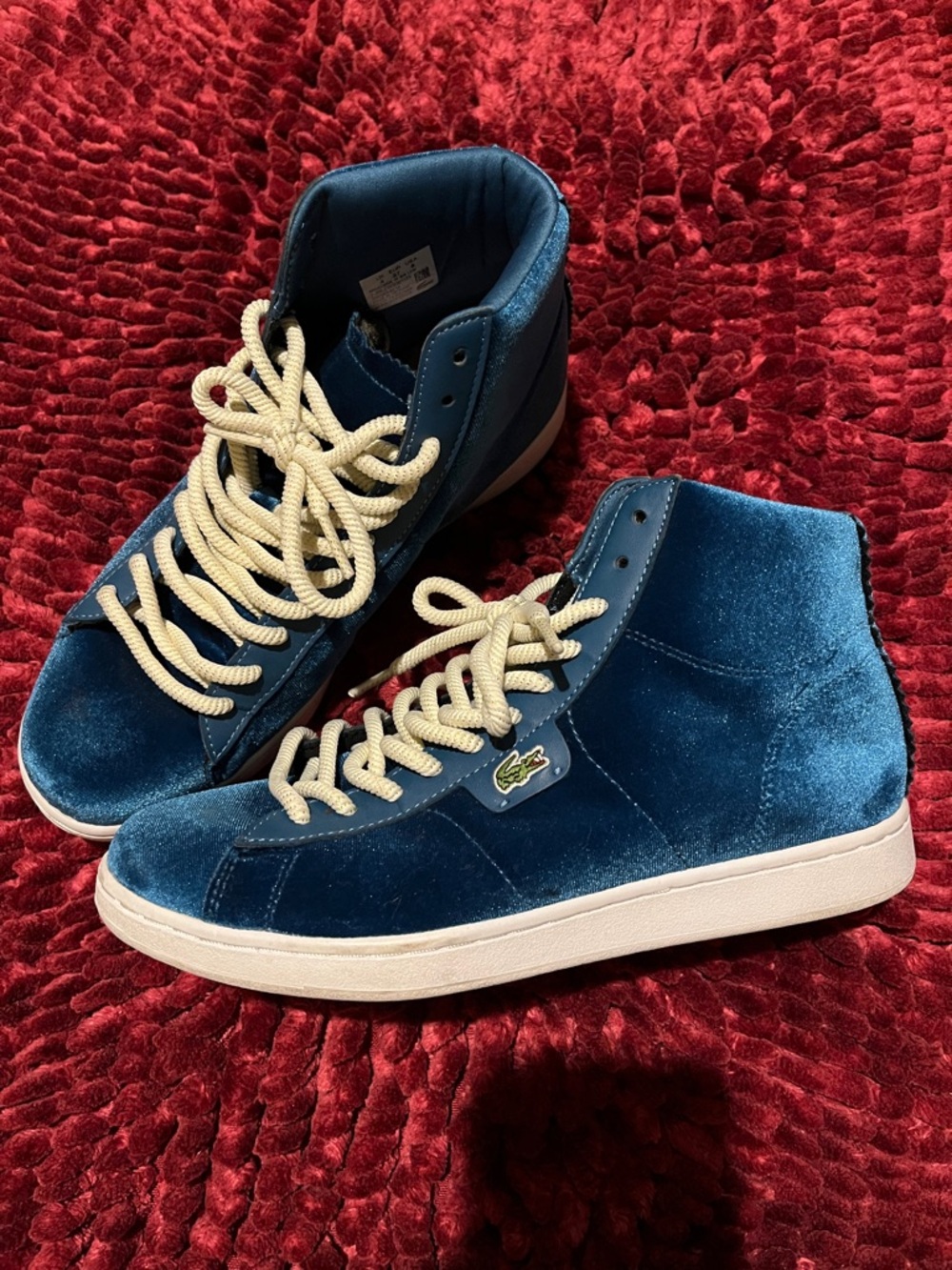 Lacoste Velvet High-Top Sneakers in Deep Teal with Cream Laces